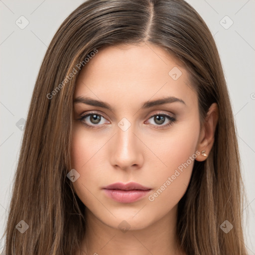 Neutral white young-adult female with long  brown hair and brown eyes