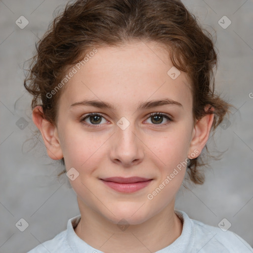 Joyful white child female with medium  brown hair and brown eyes