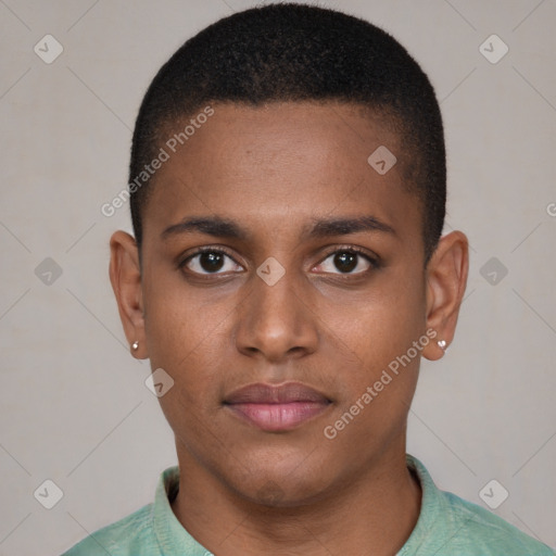 Neutral black young-adult male with short  brown hair and brown eyes