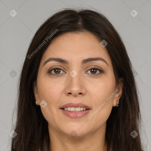 Joyful white young-adult female with long  brown hair and brown eyes