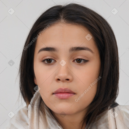 Neutral asian young-adult female with medium  brown hair and brown eyes