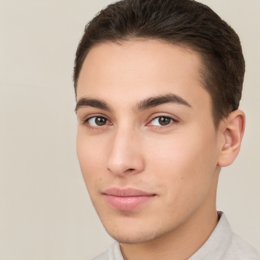 Neutral white young-adult male with short  brown hair and brown eyes