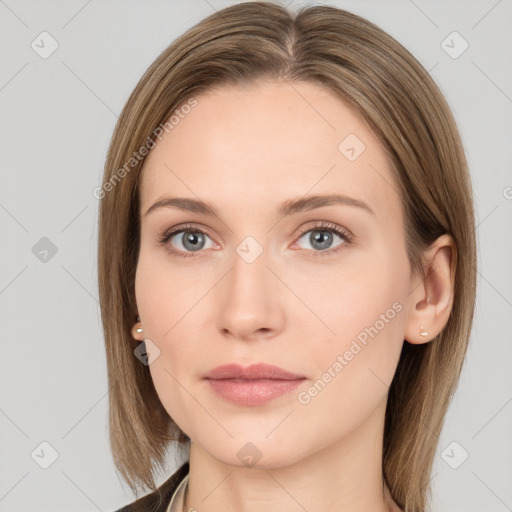 Neutral white young-adult female with medium  brown hair and grey eyes