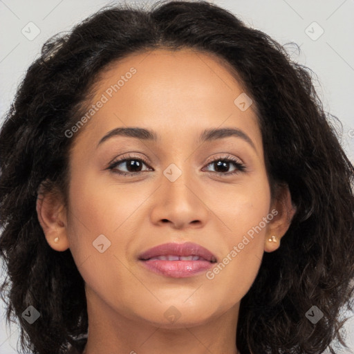 Joyful latino young-adult female with long  brown hair and brown eyes