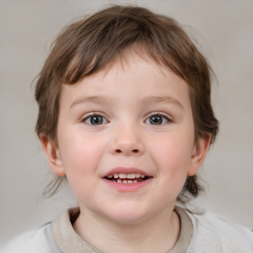 Joyful white child female with medium  brown hair and blue eyes