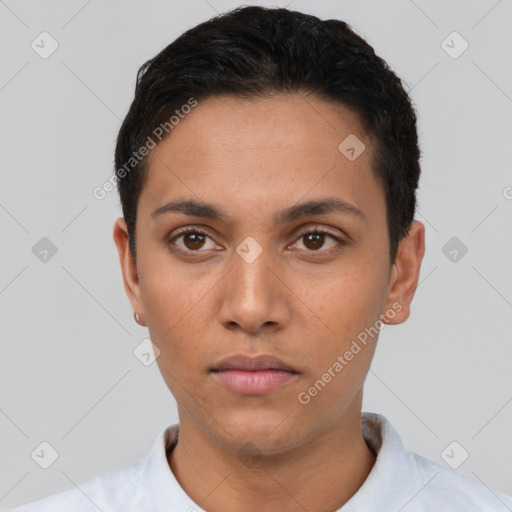 Neutral latino young-adult male with short  black hair and brown eyes