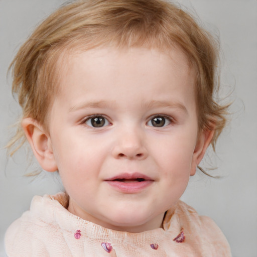 Neutral white child female with medium  brown hair and blue eyes