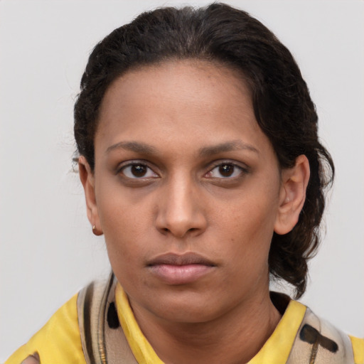 Neutral latino young-adult female with short  brown hair and brown eyes
