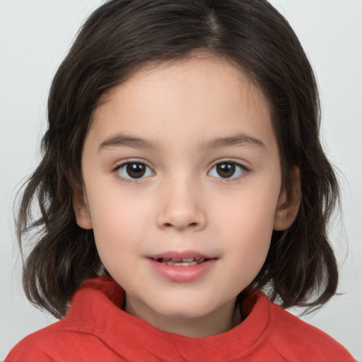 Joyful white child female with medium  brown hair and brown eyes