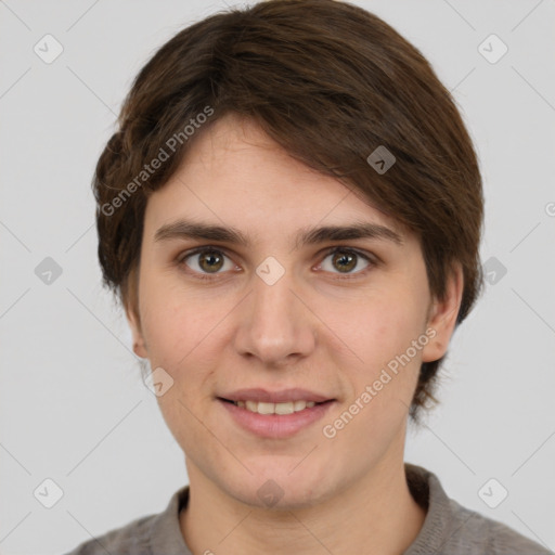 Joyful white young-adult female with short  brown hair and grey eyes