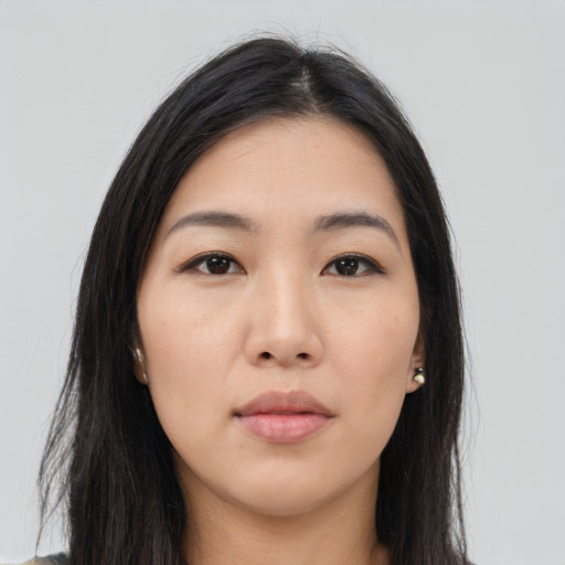 Neutral asian young-adult female with long  black hair and brown eyes