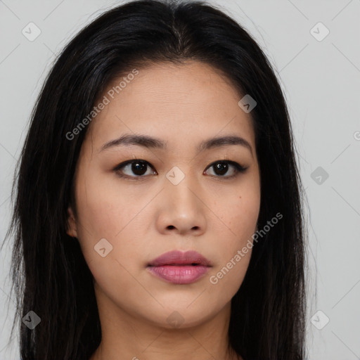 Neutral asian young-adult female with long  brown hair and brown eyes