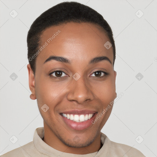 Joyful latino young-adult female with short  black hair and brown eyes