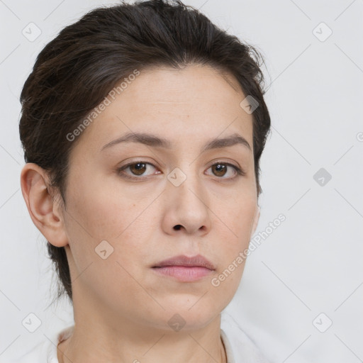 Neutral white young-adult female with short  brown hair and brown eyes