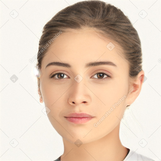 Neutral white young-adult female with medium  brown hair and brown eyes