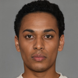 Neutral black young-adult male with short  black hair and brown eyes