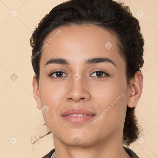 Joyful white young-adult female with long  brown hair and brown eyes