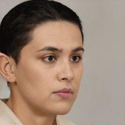 Neutral white young-adult female with short  brown hair and brown eyes