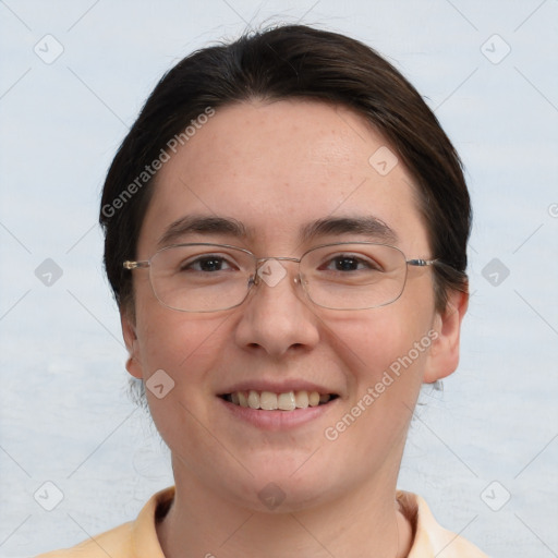 Joyful white young-adult female with short  brown hair and brown eyes