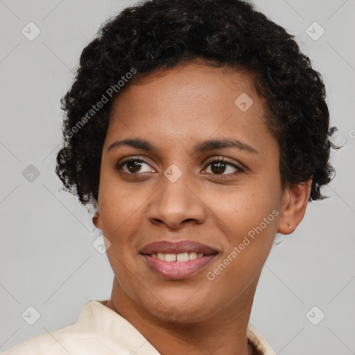 Joyful latino young-adult female with short  brown hair and brown eyes