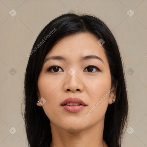 Neutral asian young-adult female with medium  black hair and brown eyes