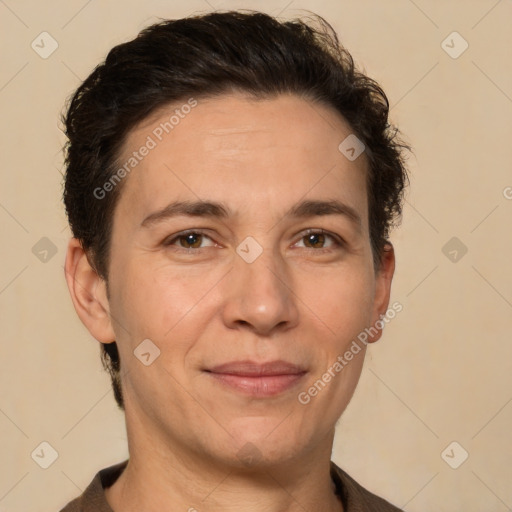 Joyful white adult male with short  brown hair and brown eyes