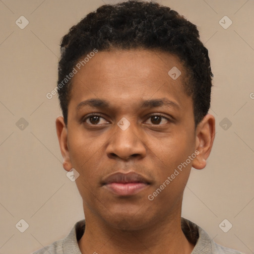 Neutral latino adult male with short  black hair and brown eyes