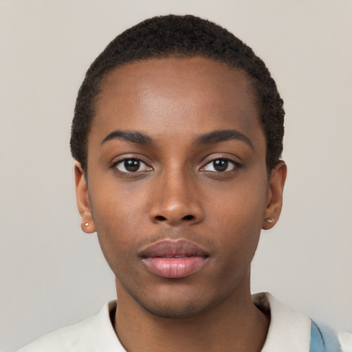 Neutral black young-adult female with short  black hair and brown eyes