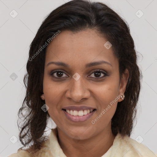 Joyful black young-adult female with medium  brown hair and brown eyes