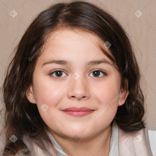 Joyful white child female with medium  brown hair and brown eyes