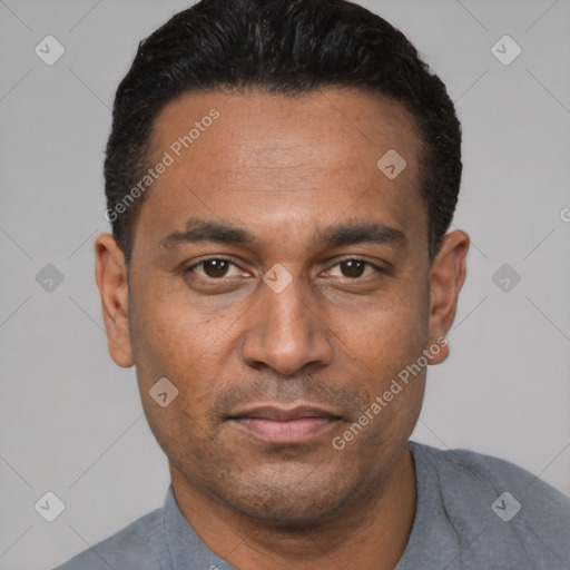 Joyful latino adult male with short  black hair and brown eyes