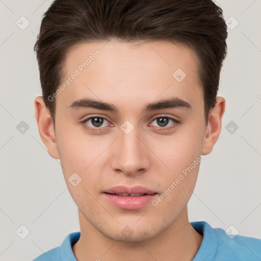 Neutral white young-adult male with short  brown hair and brown eyes