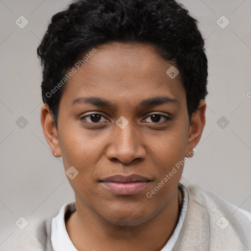 Joyful black young-adult female with short  brown hair and brown eyes