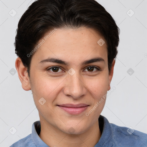 Joyful white young-adult female with short  brown hair and brown eyes