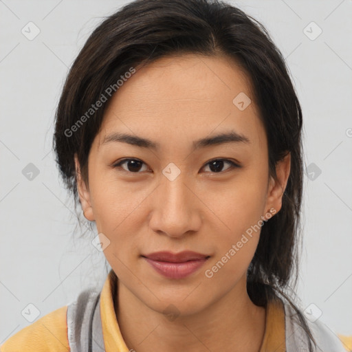 Joyful latino young-adult female with medium  brown hair and brown eyes