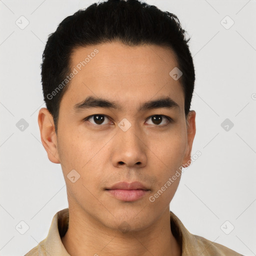 Neutral asian young-adult male with short  black hair and brown eyes