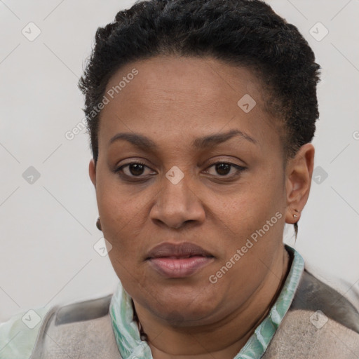 Joyful latino adult female with short  brown hair and brown eyes