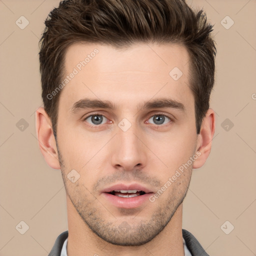 Neutral white young-adult male with short  brown hair and brown eyes