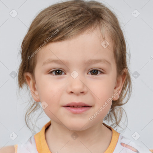 Joyful white child female with medium  brown hair and brown eyes