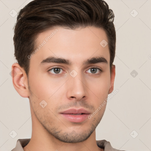 Neutral white young-adult male with short  brown hair and brown eyes