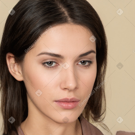 Neutral white young-adult female with medium  brown hair and brown eyes