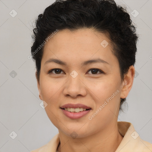 Joyful asian young-adult female with short  brown hair and brown eyes