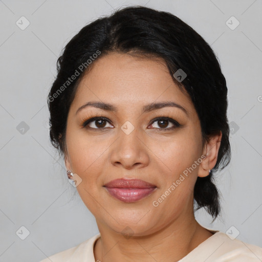 Joyful latino young-adult female with medium  brown hair and brown eyes