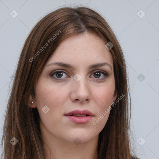 Joyful white young-adult female with long  brown hair and grey eyes