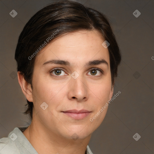 Joyful white young-adult female with medium  brown hair and brown eyes