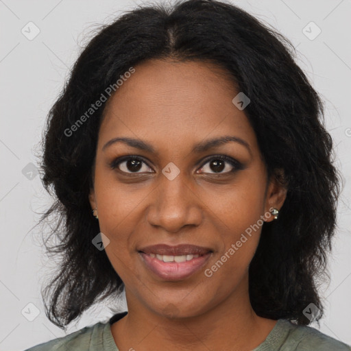 Joyful black young-adult female with medium  brown hair and brown eyes
