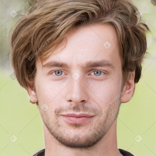 Neutral white young-adult male with short  brown hair and grey eyes