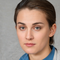 Neutral white young-adult female with short  brown hair and brown eyes