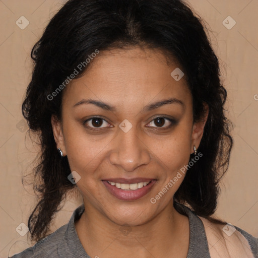 Joyful black young-adult female with medium  brown hair and brown eyes