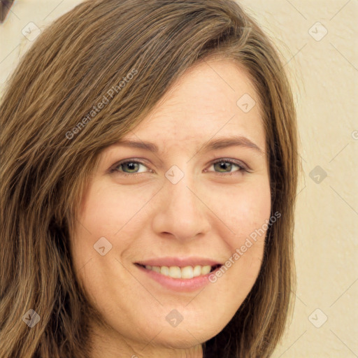 Joyful white young-adult female with long  brown hair and green eyes